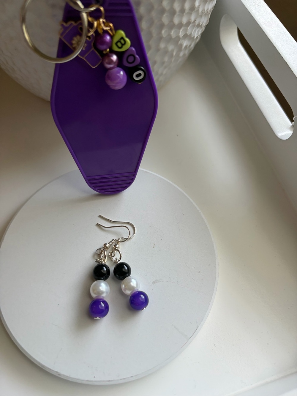 Handmade Purple, Black & White Beaded Drop Earrings and keyring bundle